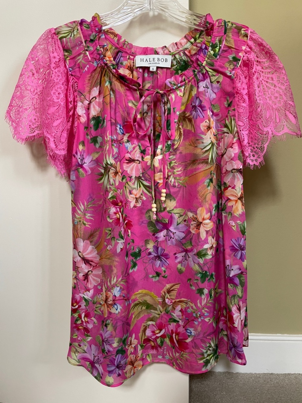 Hale Bob Vibrant Pink Floral Lace-Sleeve Peasant Blouse
